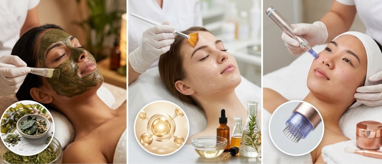 Algae Peel steps shown in three photos: preparation, treatment and finishing
