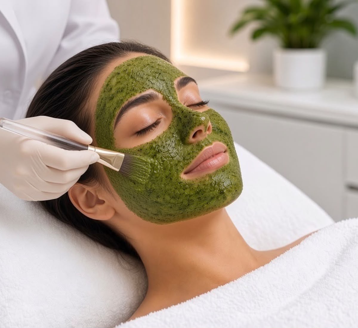 Algae Peel treatment being performed on a client at Kaaya Skin & Hair Studio