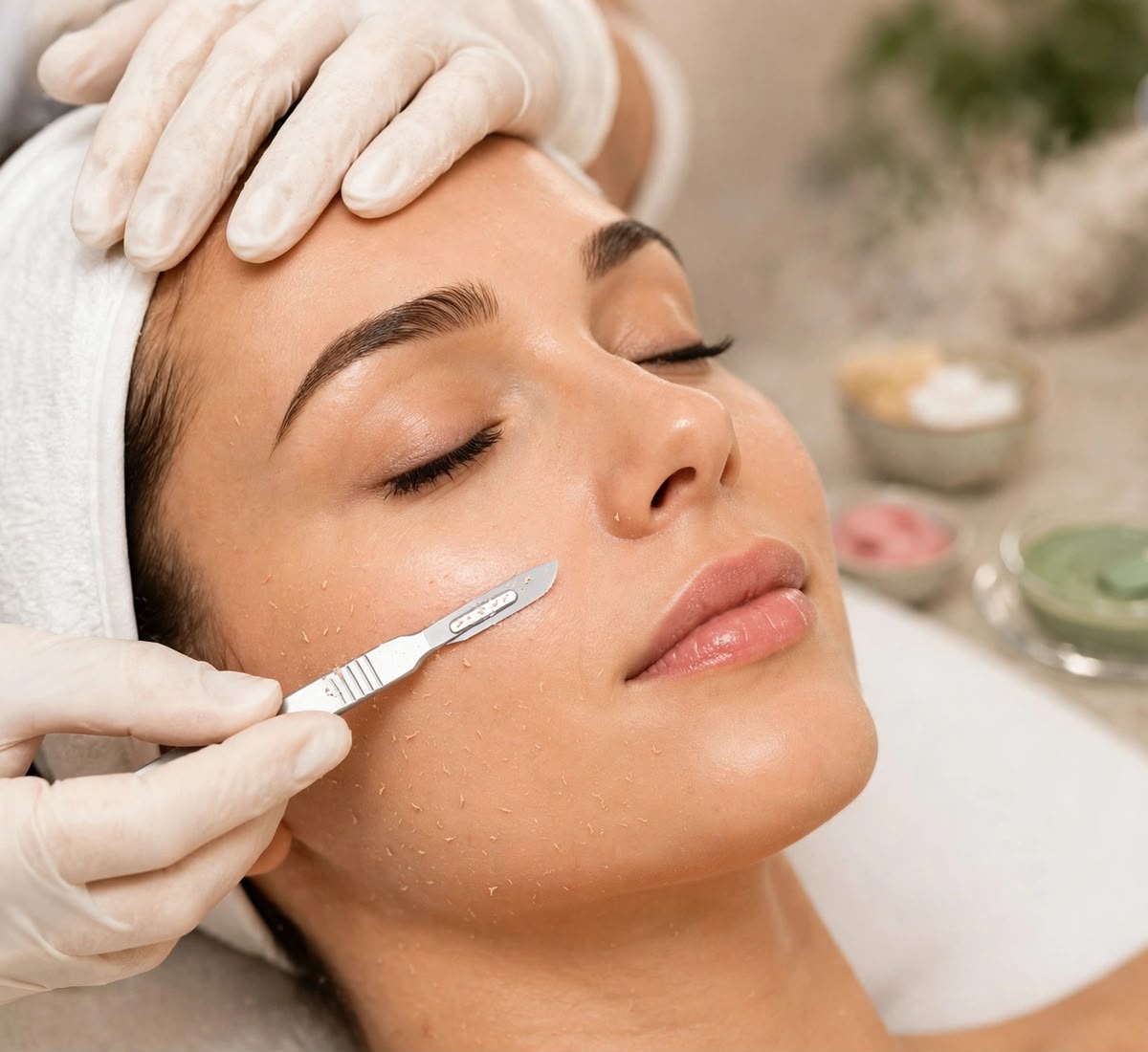 Dermaplaning treatment being performed on a client at Kaaya Skin & Hair Studio