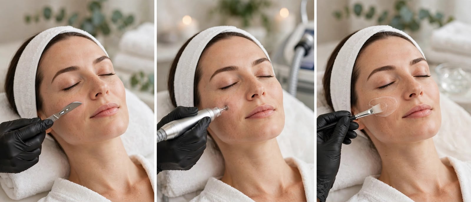 Dermaplaning steps shown in three photos: preparation, treatment and finishing