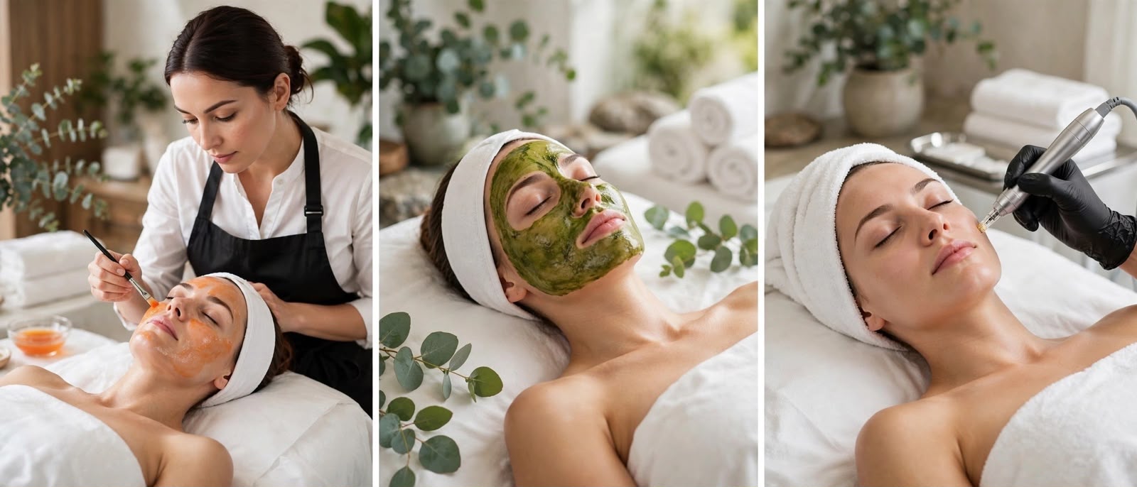 Chemical Peel steps shown in three photos: preparation, treatment and finishing