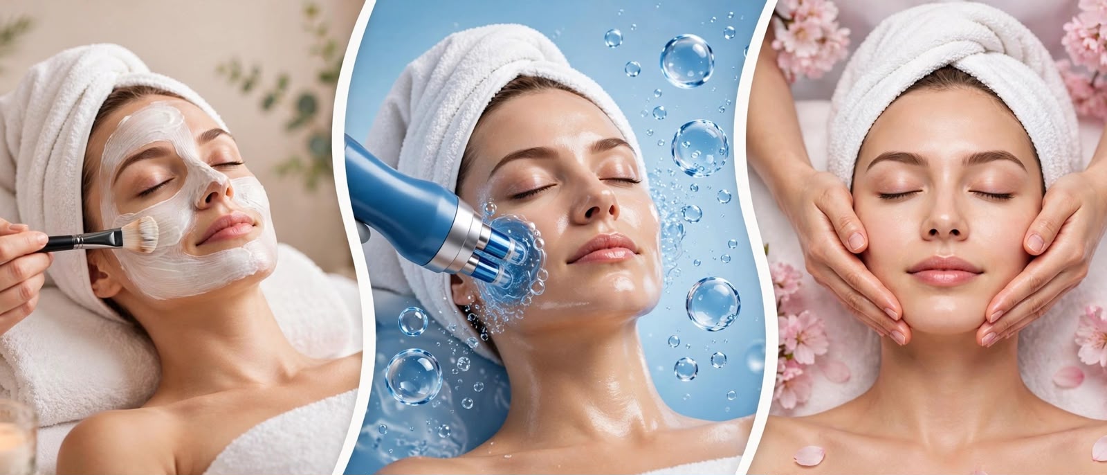 Glow Facial steps shown in three photos: preparation, treatment and finishing
