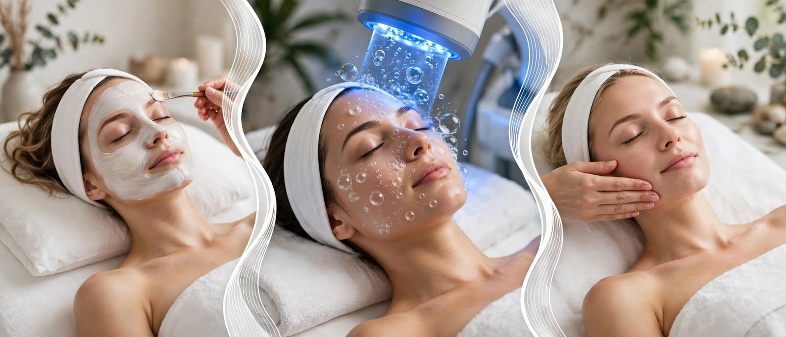 Hydro Facial steps shown in three photos: preparation, treatment and finishing