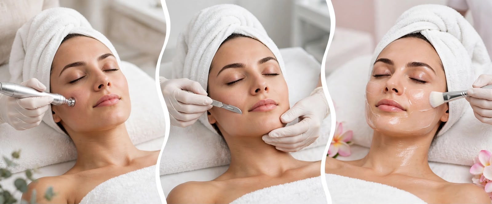 Microdermabrasion steps shown in three photos: preparation, treatment and finishing