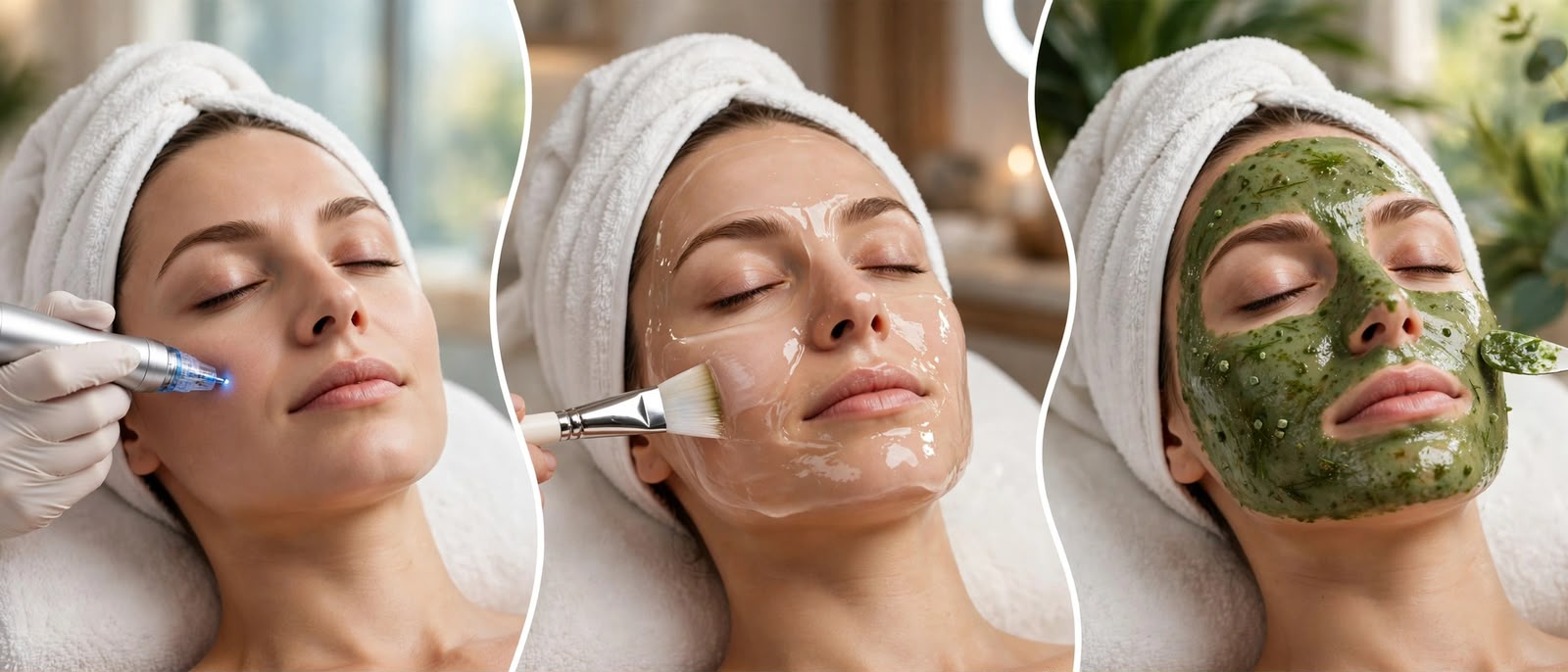 Microneedling steps shown in three photos: preparation, treatment and finishing