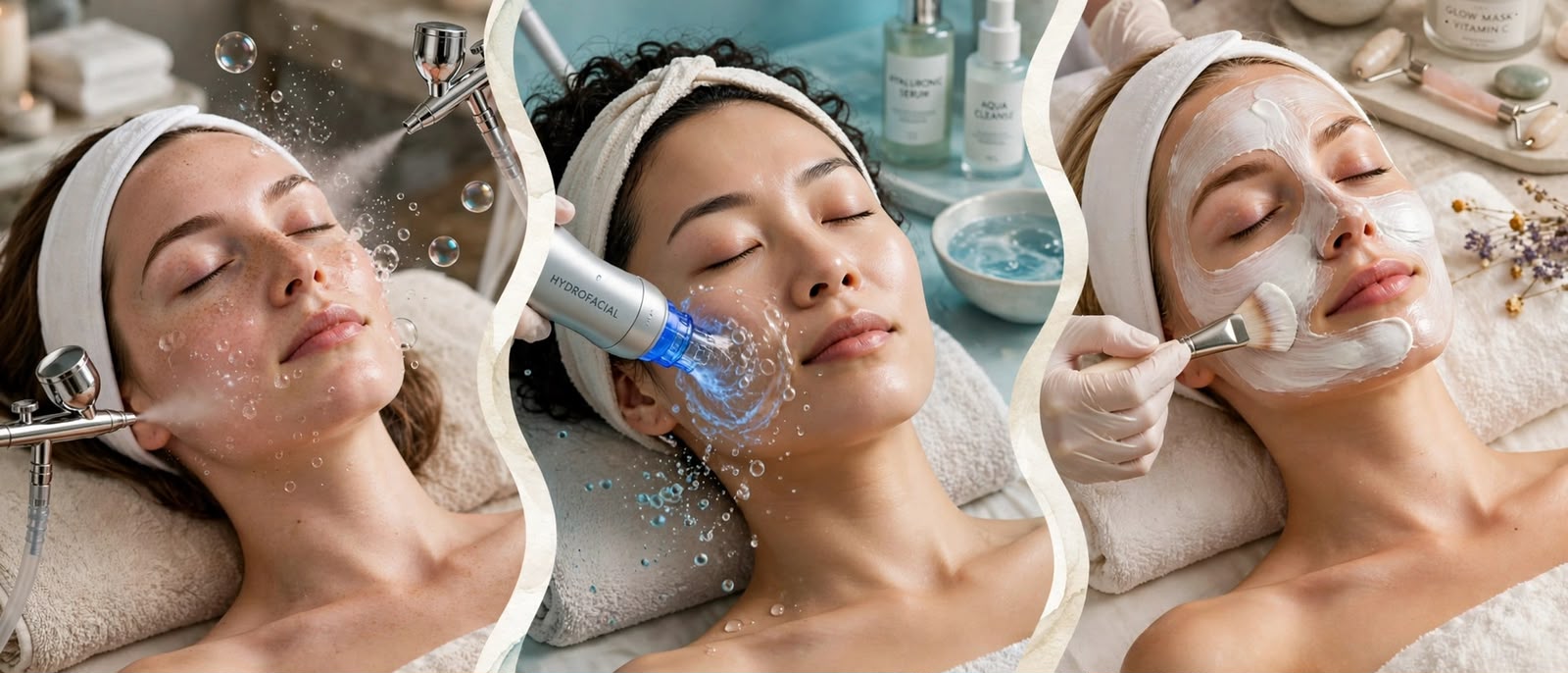 Oxygen Facial steps shown in three photos: preparation, treatment and finishing
