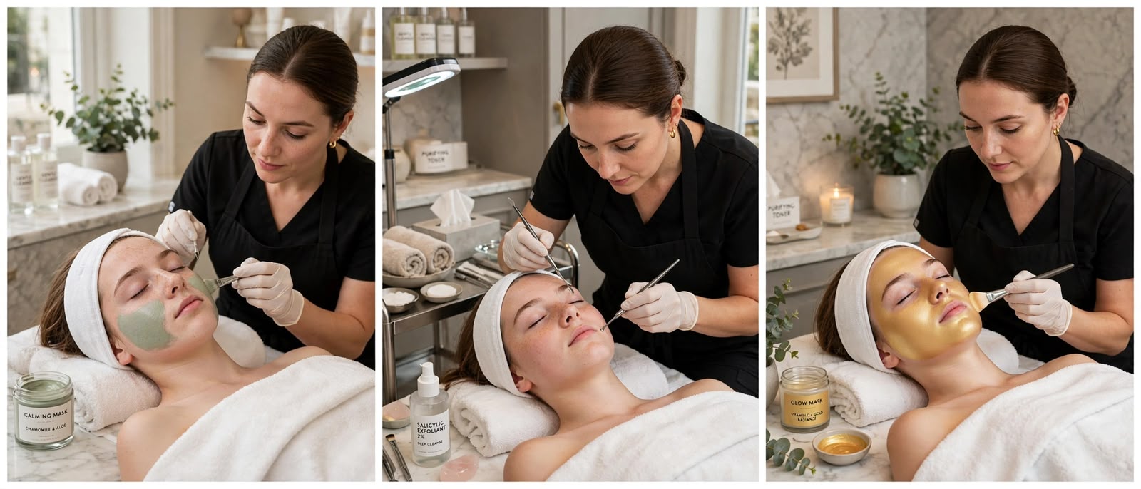 Teen Facial steps shown in three photos: preparation, treatment and finishing